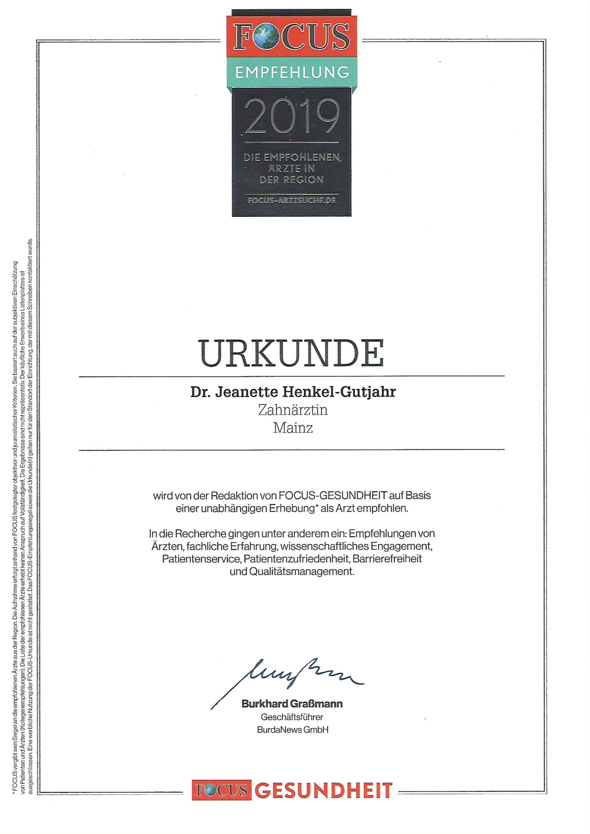 Urkunde Dr. Jeanette Henkel-Gutjahr