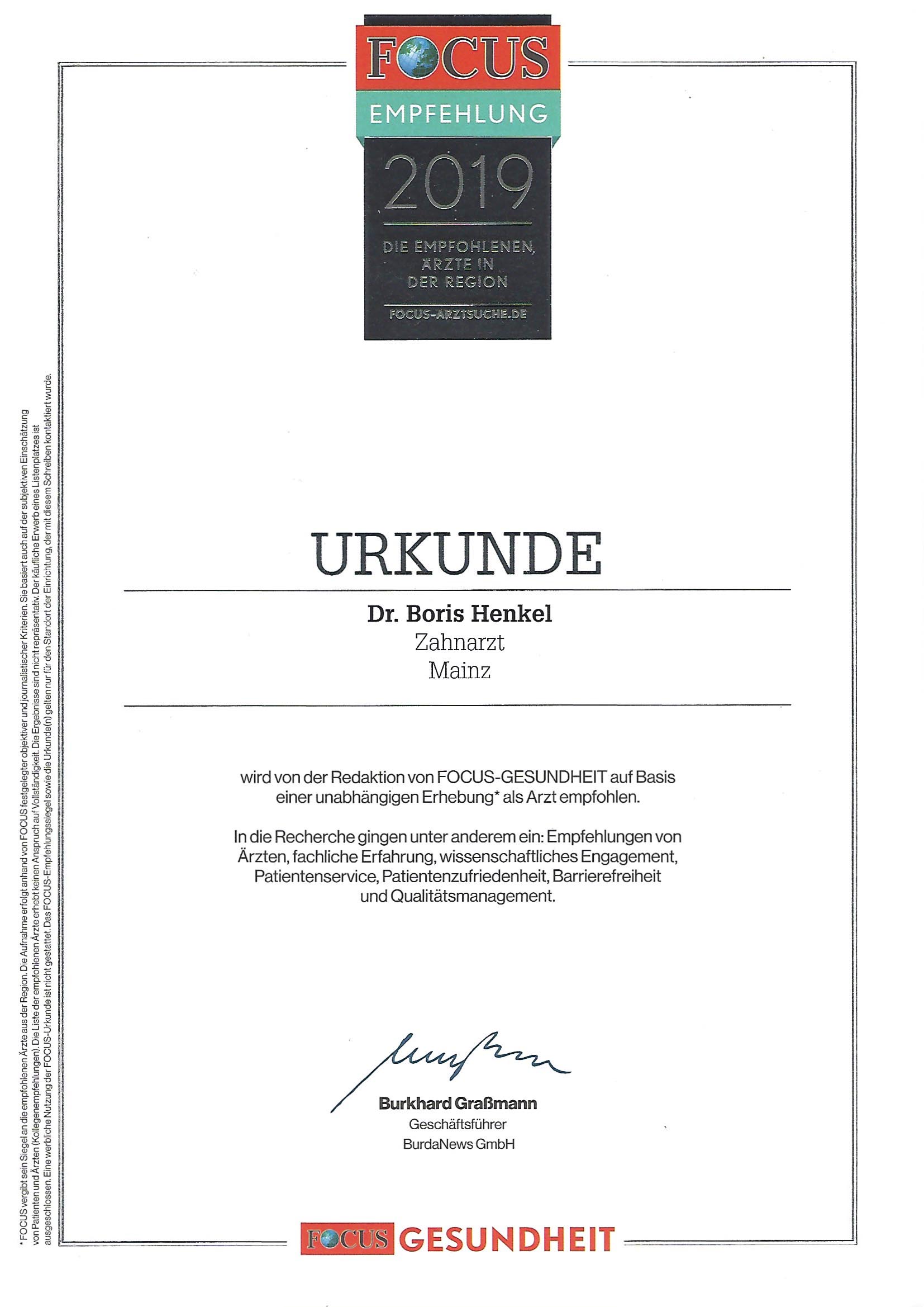 Urkunde Dr. Boris Henkel